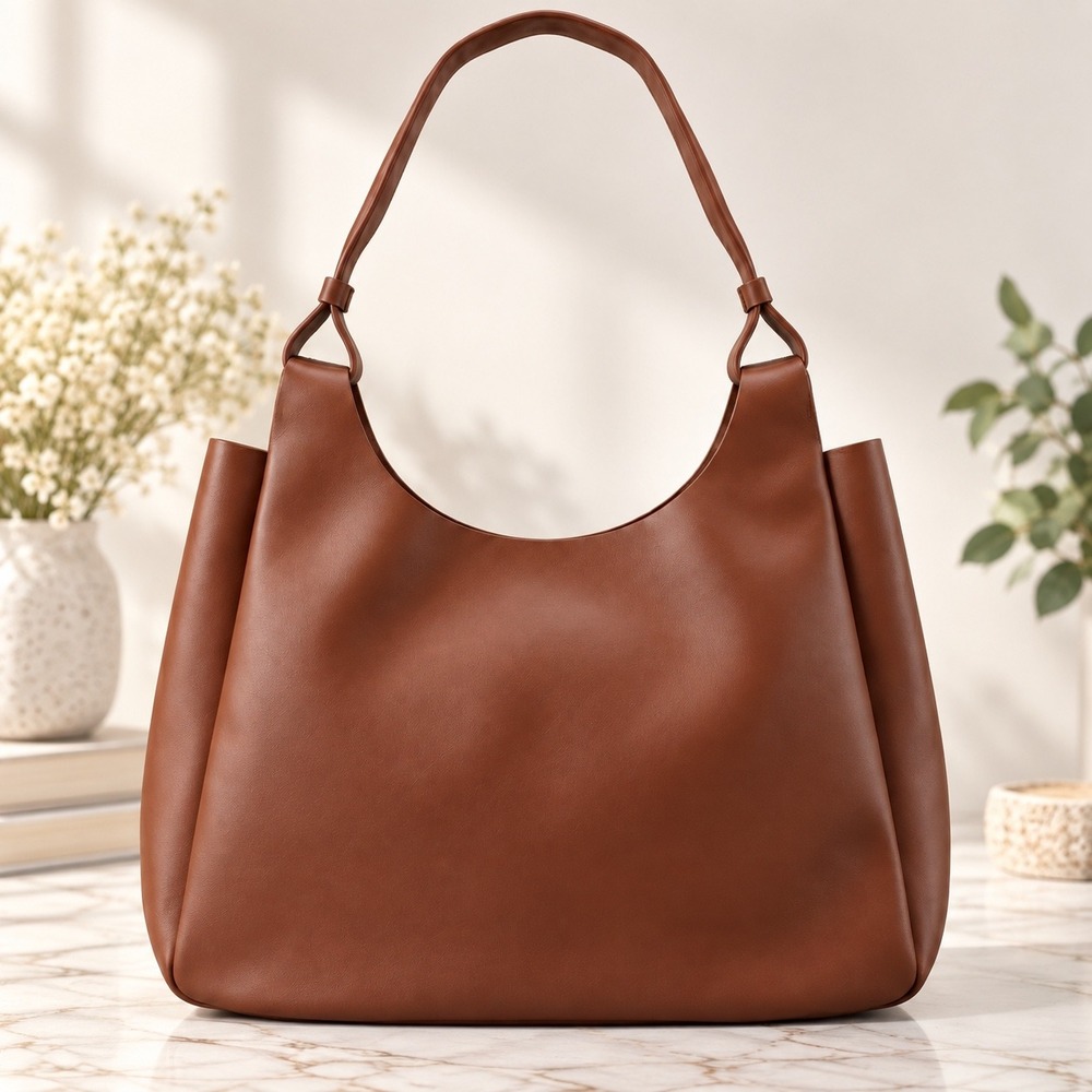 Neiman Marcus Cognac Brown Vegan Leather Slouchy Hobo Shoulder Bag Tote NEW